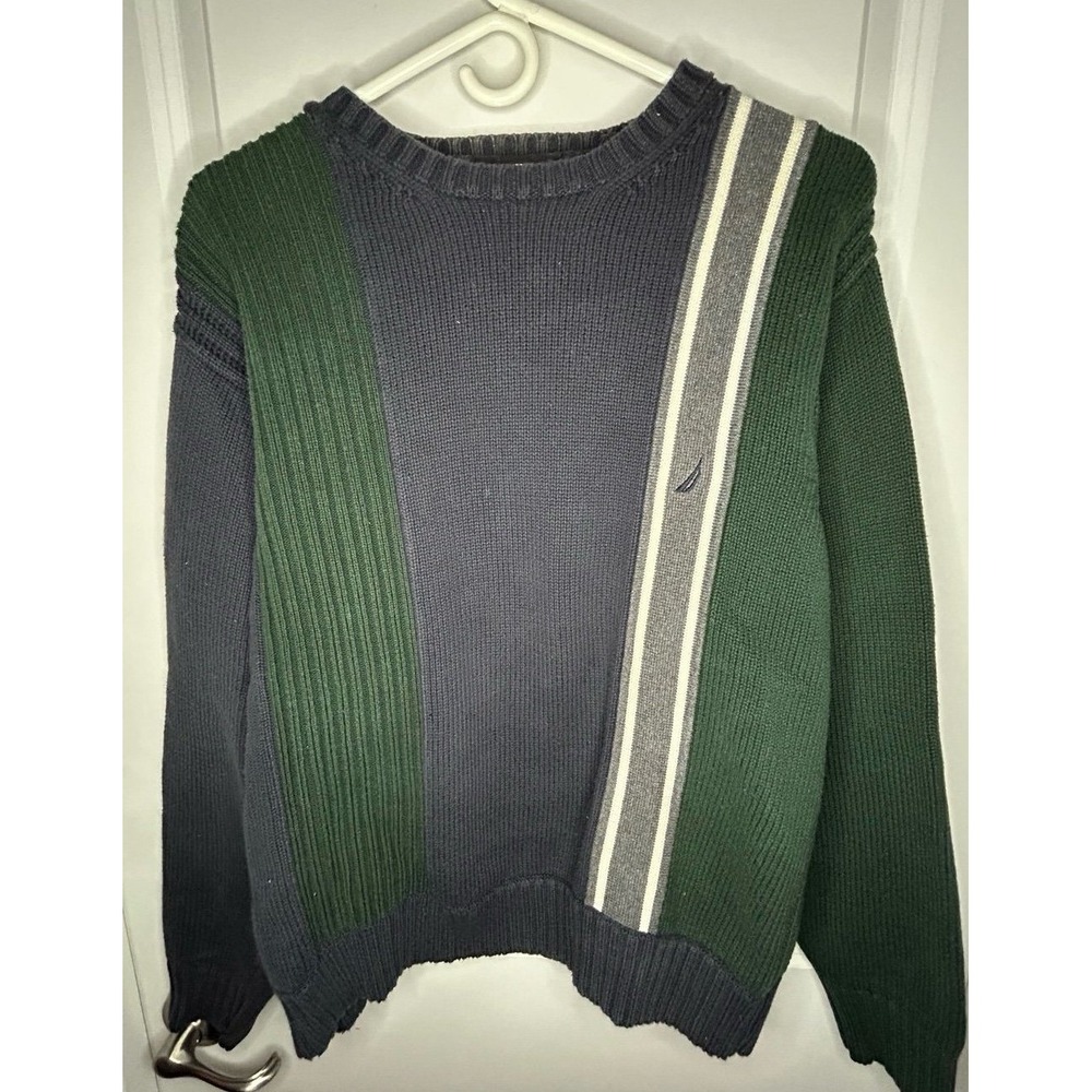 Vintage‎ 90's Nautica Heavy Knitted  Color Block Crewneck Sweater Mens Small